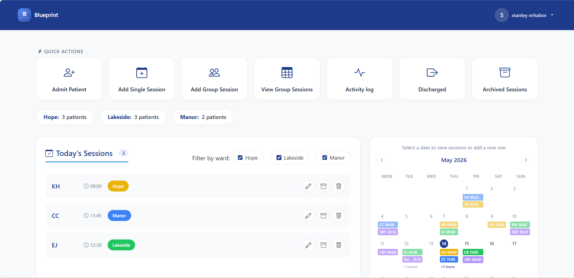 Blueprint clinical session management dashboard