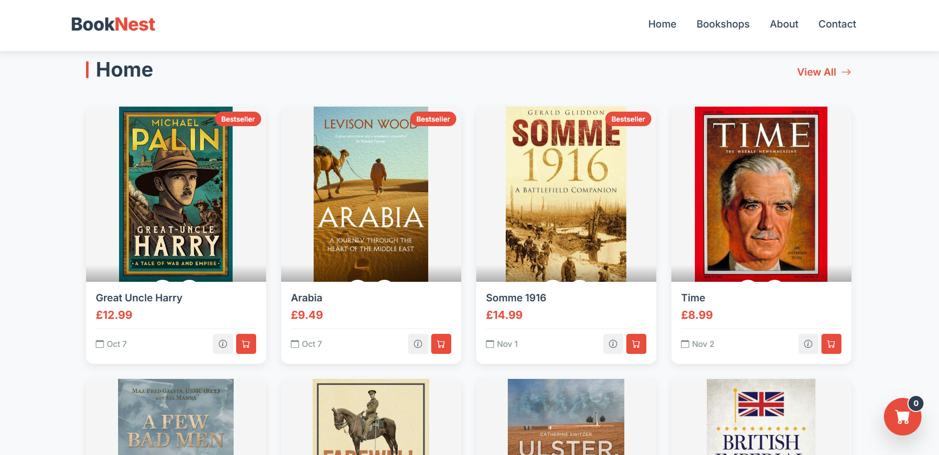 BookNest Store homepage showing book catalogue and search