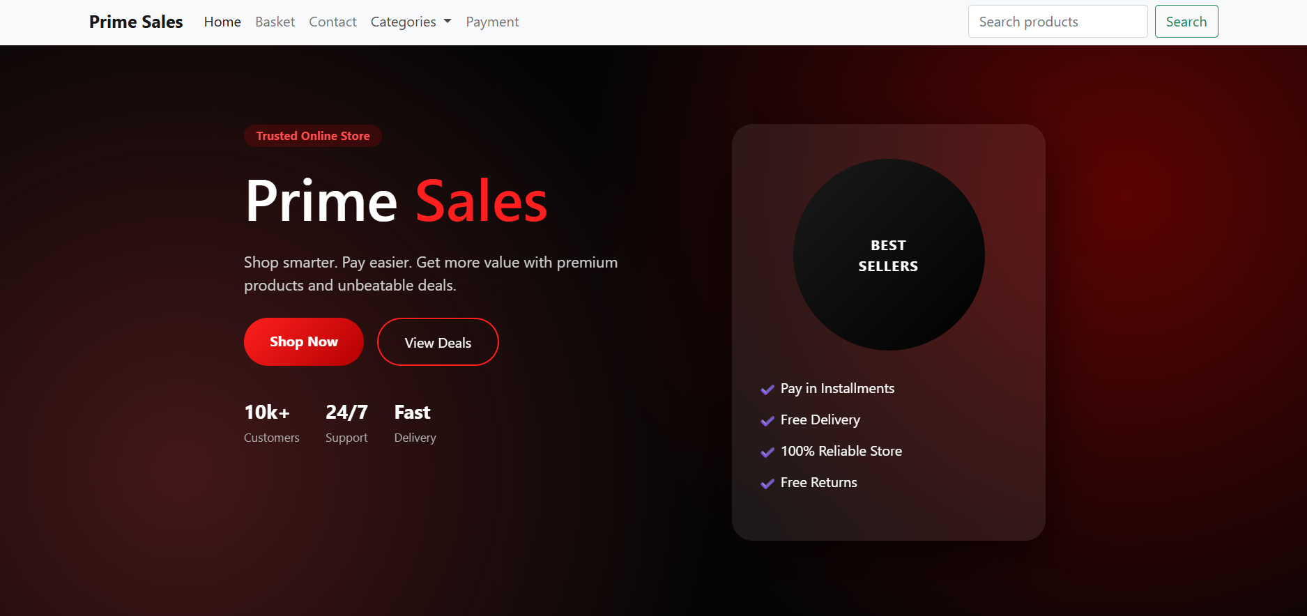 Prime Sales e-commerce homepage with product categories