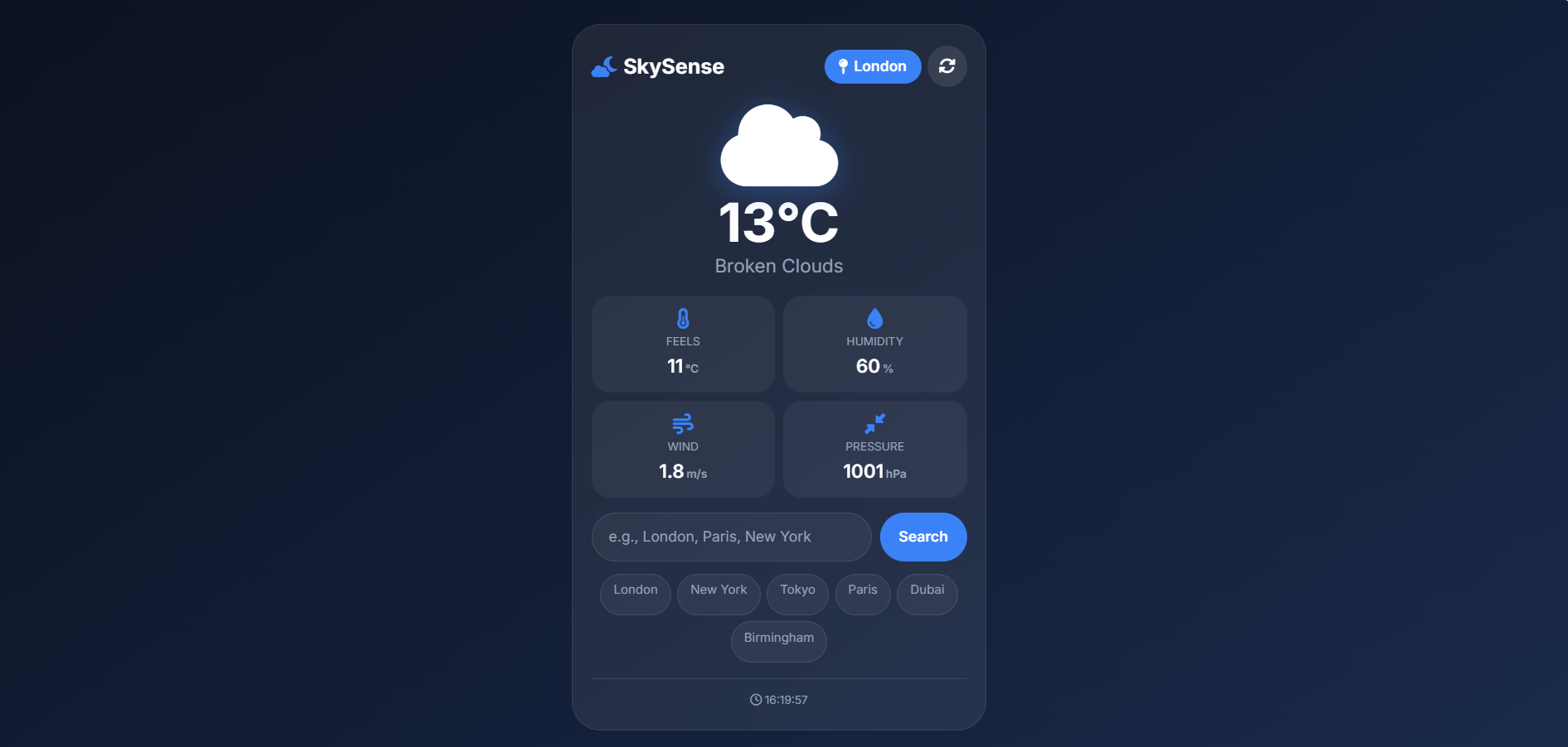SkySense weather app showing live atmospheric data and dynamic UI